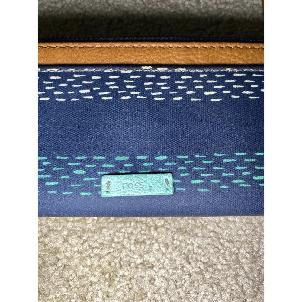 Fossil Logan Flap Clutch Navy Blue Teal Dash Canvas Leather